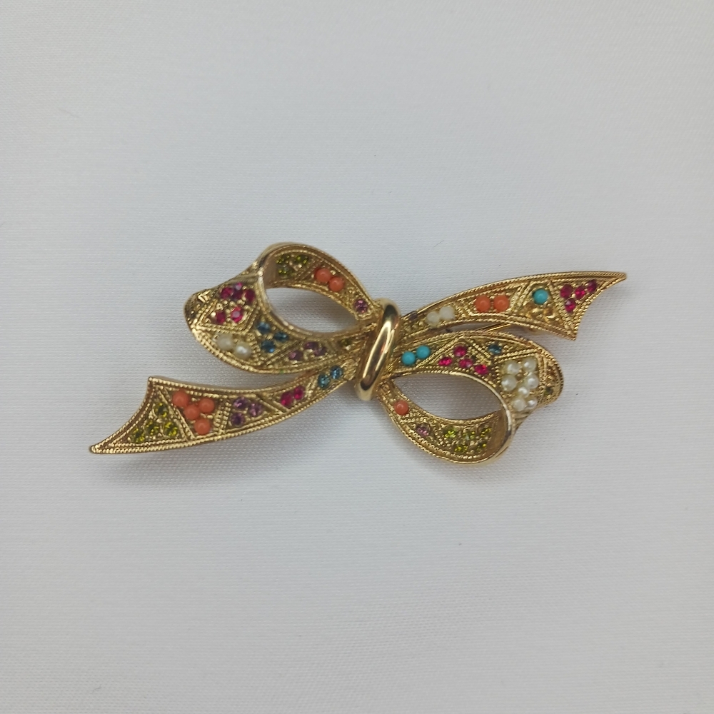 Vintage D'Orlan Gold Bow Brooch with Ballotinis Beads & Rhinestones.